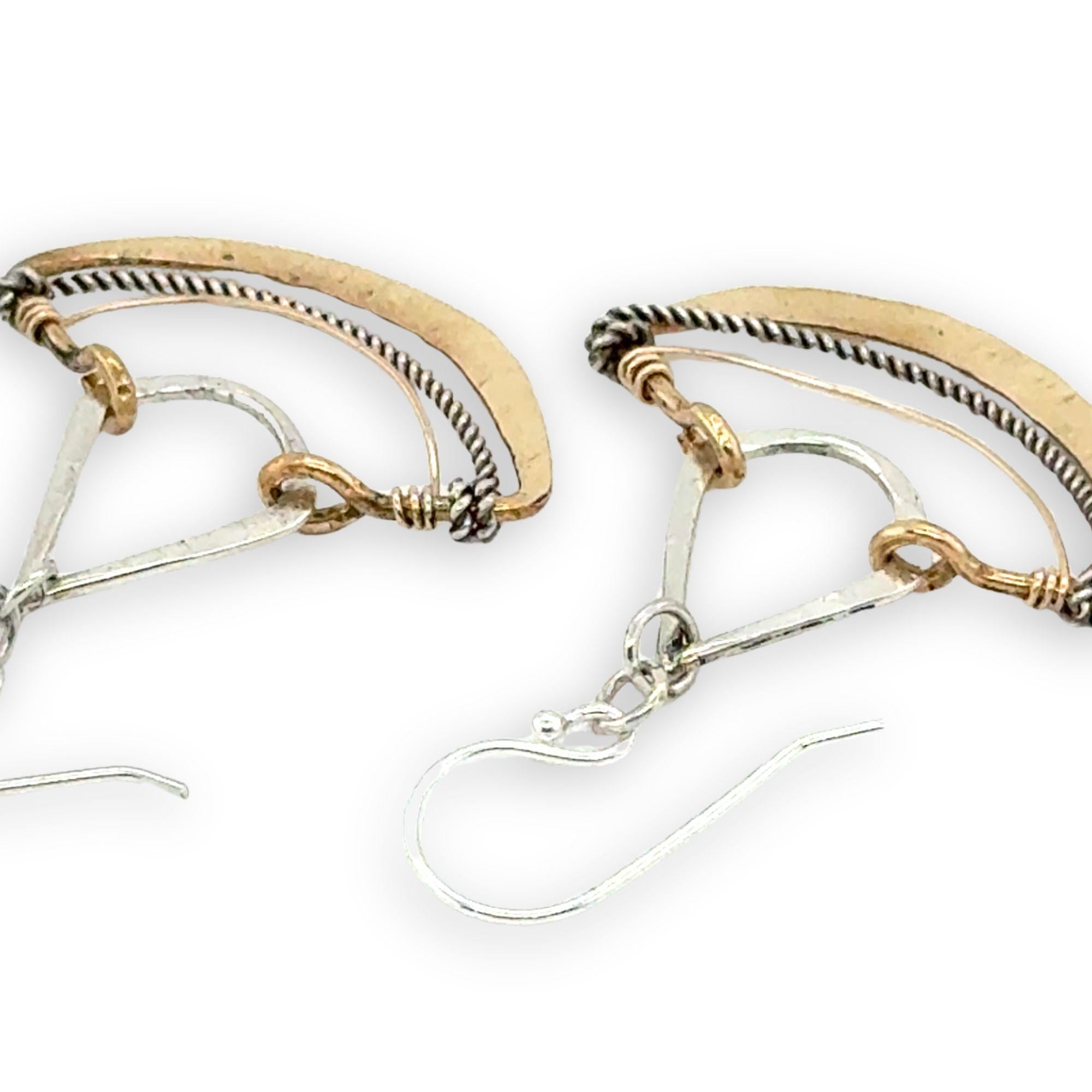 Hammered brass and sterling silver mini fan earrings with gold filled and oxidized sterling twist accents