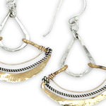 Hammered brass and sterling silver mini fan earrings with gold filled and oxidized sterling twist accents