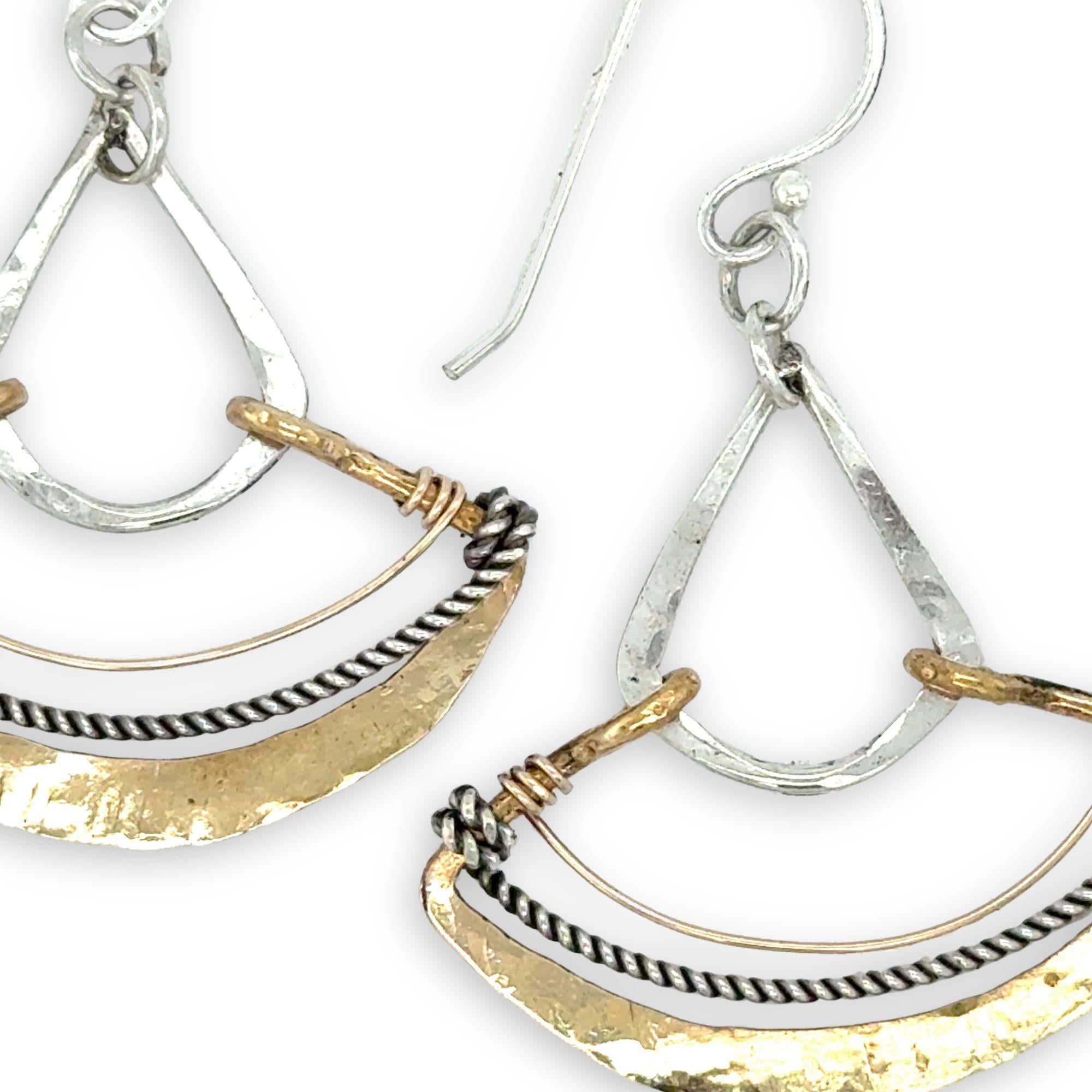 Hammered brass and sterling silver mini fan earrings with gold filled and oxidized sterling twist accents