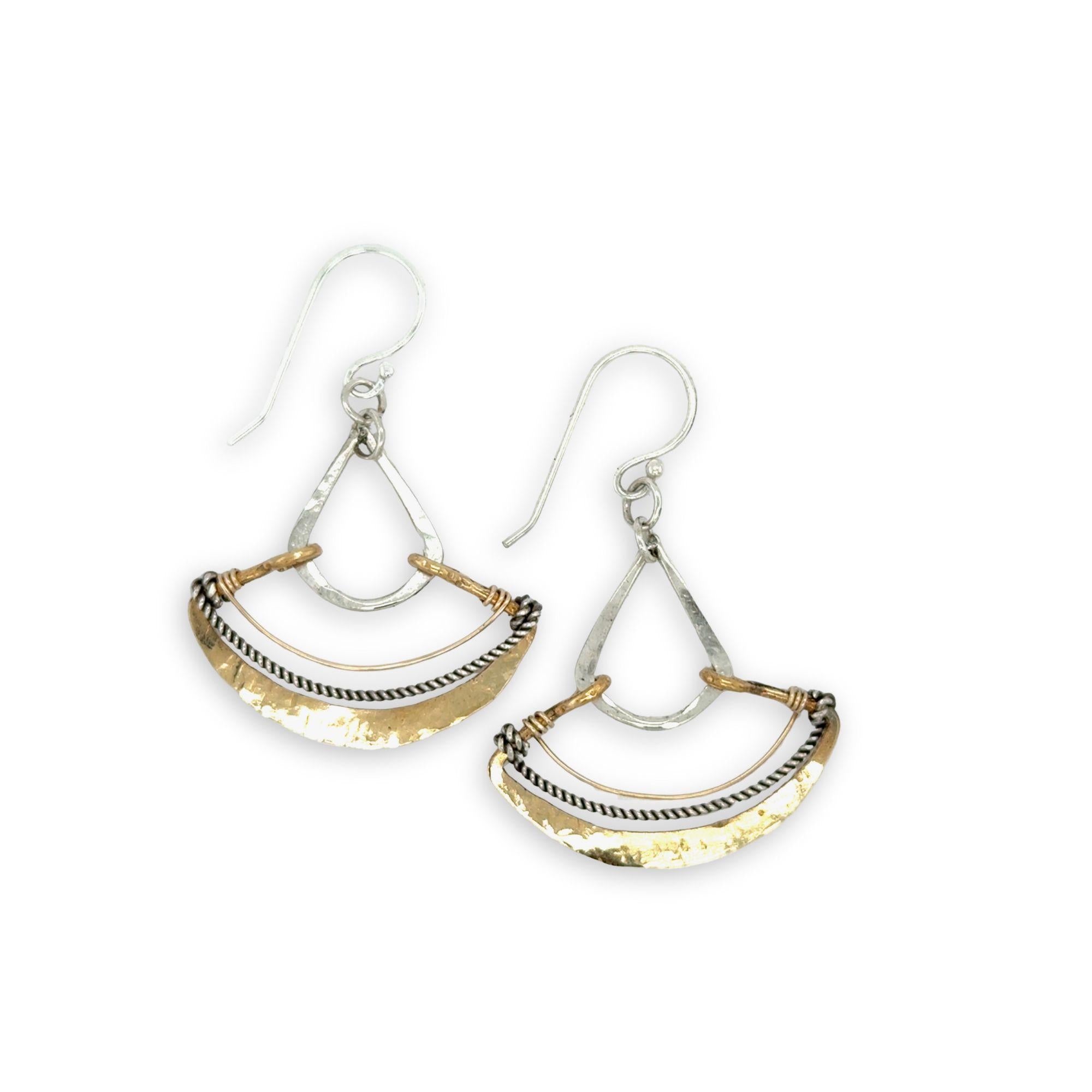 Hammered brass and sterling silver mini fan earrings with gold filled and oxidized sterling twist accents