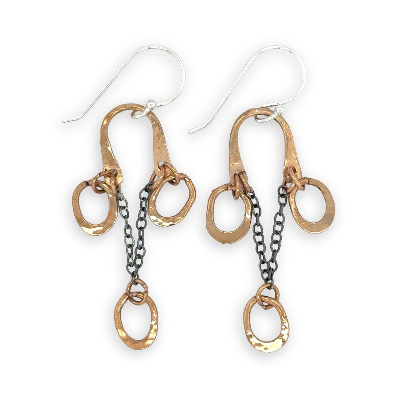 Bronze arch tops and hammered oval charm earrings featuring delicate darkened sterling silver chain