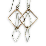 interlocking bronze and sterling silver handmade hammered diamonds to form a mobile shaped earrings