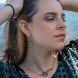 Handmade hammered sterling silver and brass mollusk pendant necklace with crystal disco ball, labradorite, and crystal gemstones on sterling silver and gold-filled chain