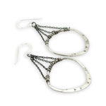 Star and dandelion stamped and hammered sterling silver organic hoops hanging from layers of darkened sterling silver delicate chain earrings