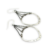 Star and dandelion stamped and hammered sterling silver organic hoops hanging from layers of darkened sterling silver delicate chain earrings