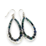 A pair of sterling silver channel drop earrings with blue opal nuggets and blue tourmaline micro faceted gemstones, featuring tiny crystal accents.