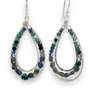 A pair of sterling silver channel drop earrings with blue opal nuggets and blue tourmaline micro faceted gemstones, featuring tiny crystal accents.