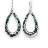 A pair of sterling silver channel drop earrings with blue opal nuggets and blue tourmaline micro faceted gemstones, featuring tiny crystal accents.