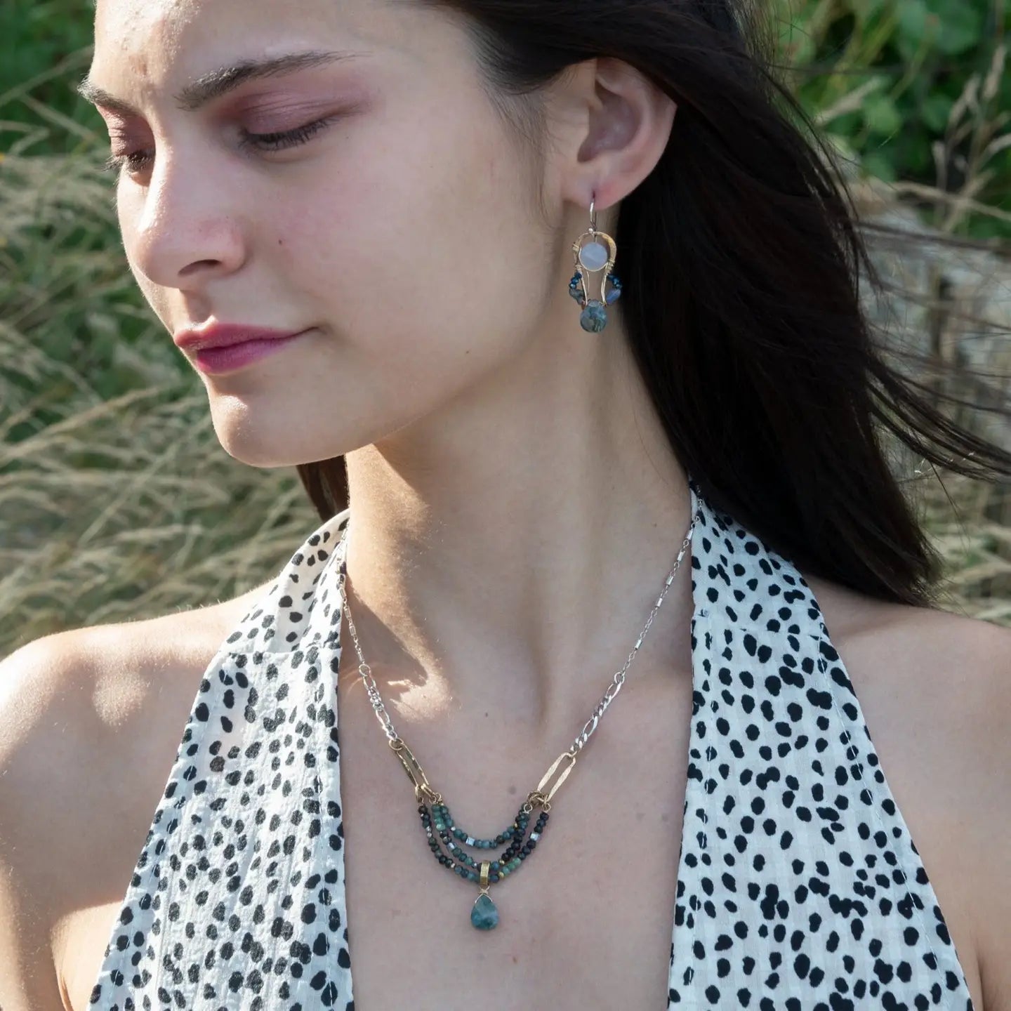 pair of handmade bronze drop earrings with quartz coins, crystal, blue opal, and moss agate faceted gemstones held on gold filled wire