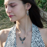 pair of handmade bronze drop earrings with quartz coins, crystal, blue opal, and moss agate faceted gemstones held on gold filled wire