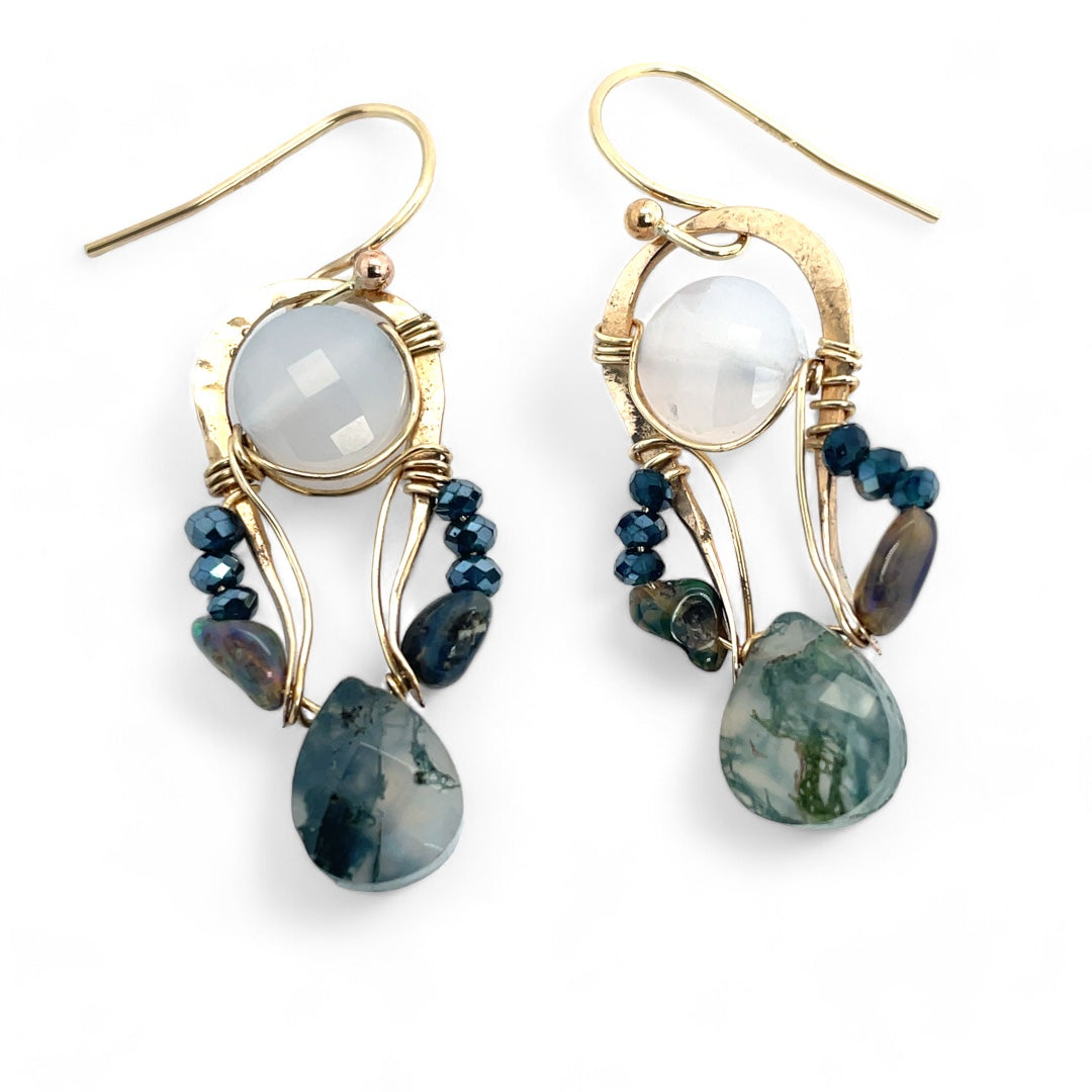 pair of handmade bronze drop earrings with quartz coins, crystal, blue opal, and moss agate faceted gemstones held on gold filled wire