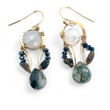pair of handmade bronze drop earrings with quartz coins, crystal, blue opal, and moss agate faceted gemstones held on gold filled wire