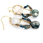 pair of handmade bronze drop earrings with quartz coins, crystal, blue opal, and moss agate faceted gemstones held on gold filled wire