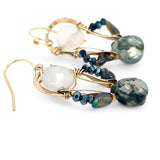 pair of handmade bronze drop earrings with quartz coins, crystal, blue opal, and moss agate faceted gemstones held on gold filled wire