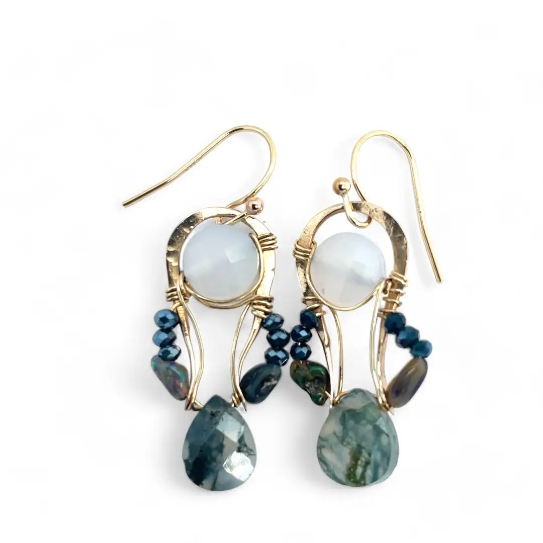 pair of handmade bronze drop earrings with quartz coins, crystal, blue opal, and moss agate faceted gemstones held on gold filled wire