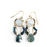 pair of handmade bronze drop earrings with quartz coins, crystal, blue opal, and moss agate faceted gemstones held on gold filled wire