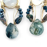 pair of handmade bronze drop earrings with quartz coins, crystal, blue opal, and moss agate faceted gemstones held on gold filled wire