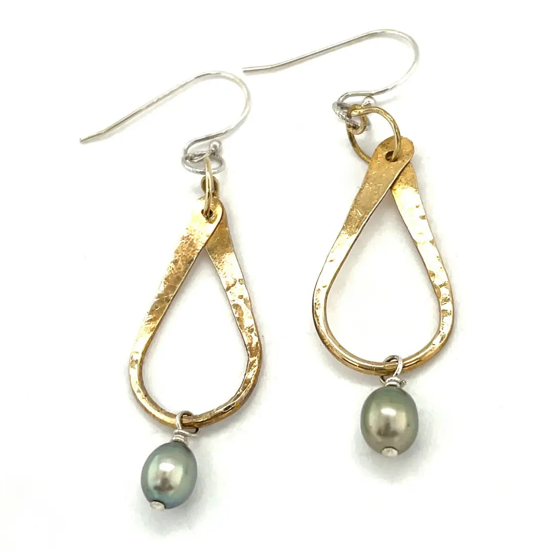 Brass overlapping hammered drops with a singular silver blue fresh water pearl dangle