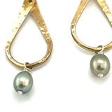 Brass overlapping hammered drops with a singular silver blue fresh water pearl dangle
