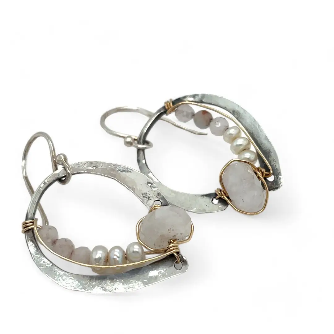 Oxidized sterling silver mini hoops lined with moonstone and fresh water pearls in gold filled wire on sterling silver earring hooks
