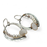 Oxidized sterling silver mini hoops lined with moonstone and fresh water pearls in gold filled wire on sterling silver earring hooks