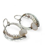 Oxidized sterling silver mini hoops lined with moonstone and fresh water pearls in gold filled wire on sterling silver earring hooks