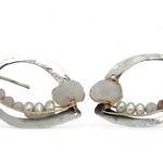 Oxidized sterling silver mini hoops lined with moonstone and fresh water pearls in gold filled wire on sterling silver earring hooks