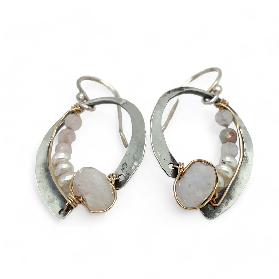 Oxidized sterling silver mini hoops lined with moonstone and fresh water pearls in gold filled wire on sterling silver earring hooks