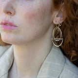 Silver and bronze mixed metal three part earrings with moonstone on gold filled wire