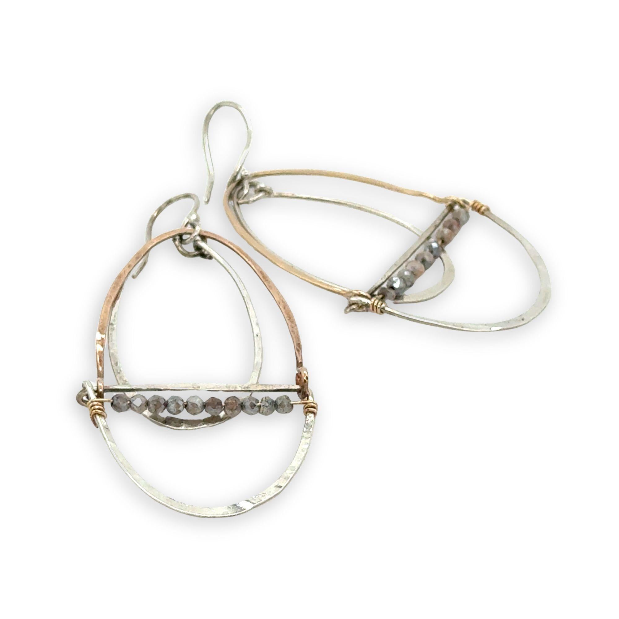 Silver and bronze mixed metal three part earrings with moonstone on gold filled wire