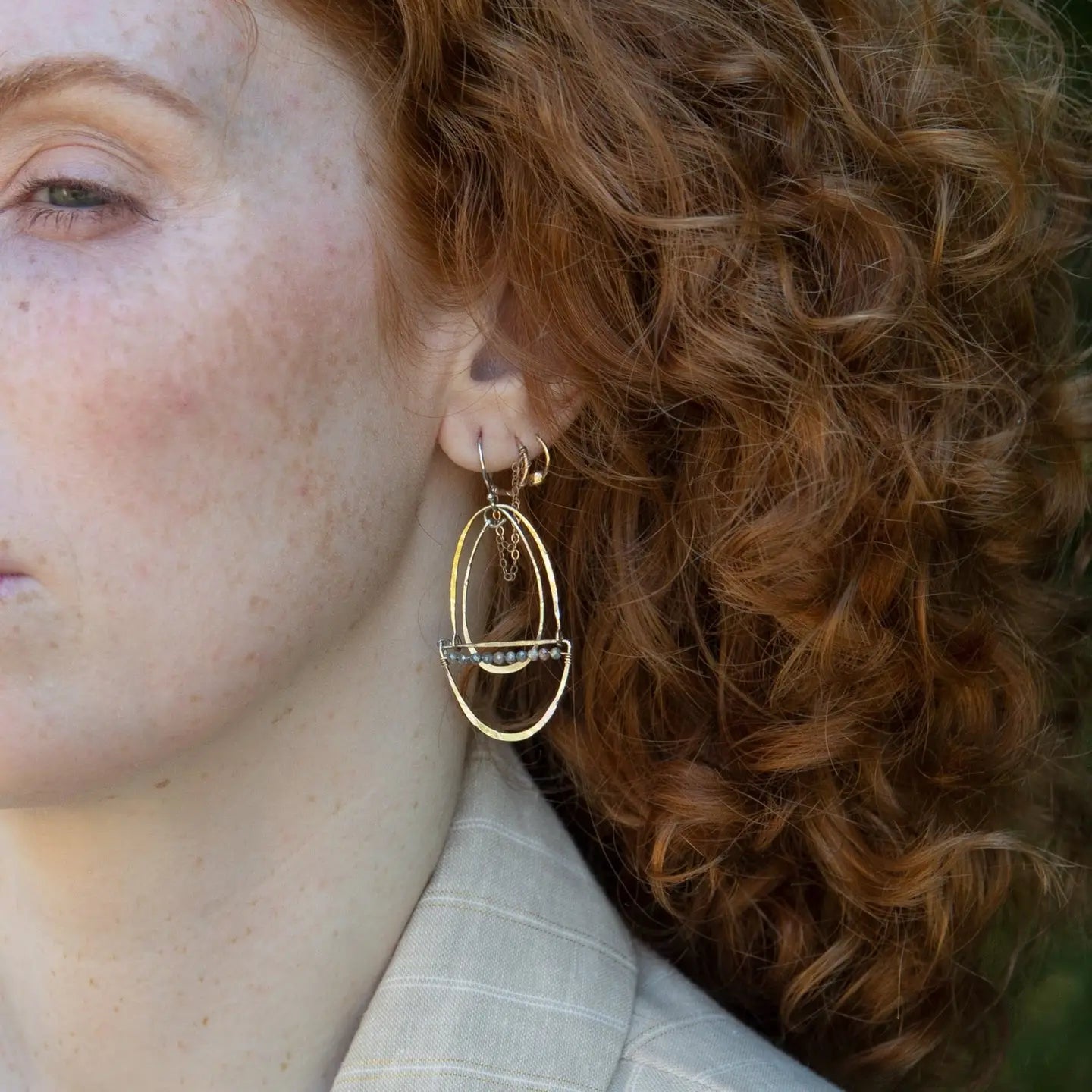 Silver and bronze mixed metal three part earrings with moonstone on gold filled wire