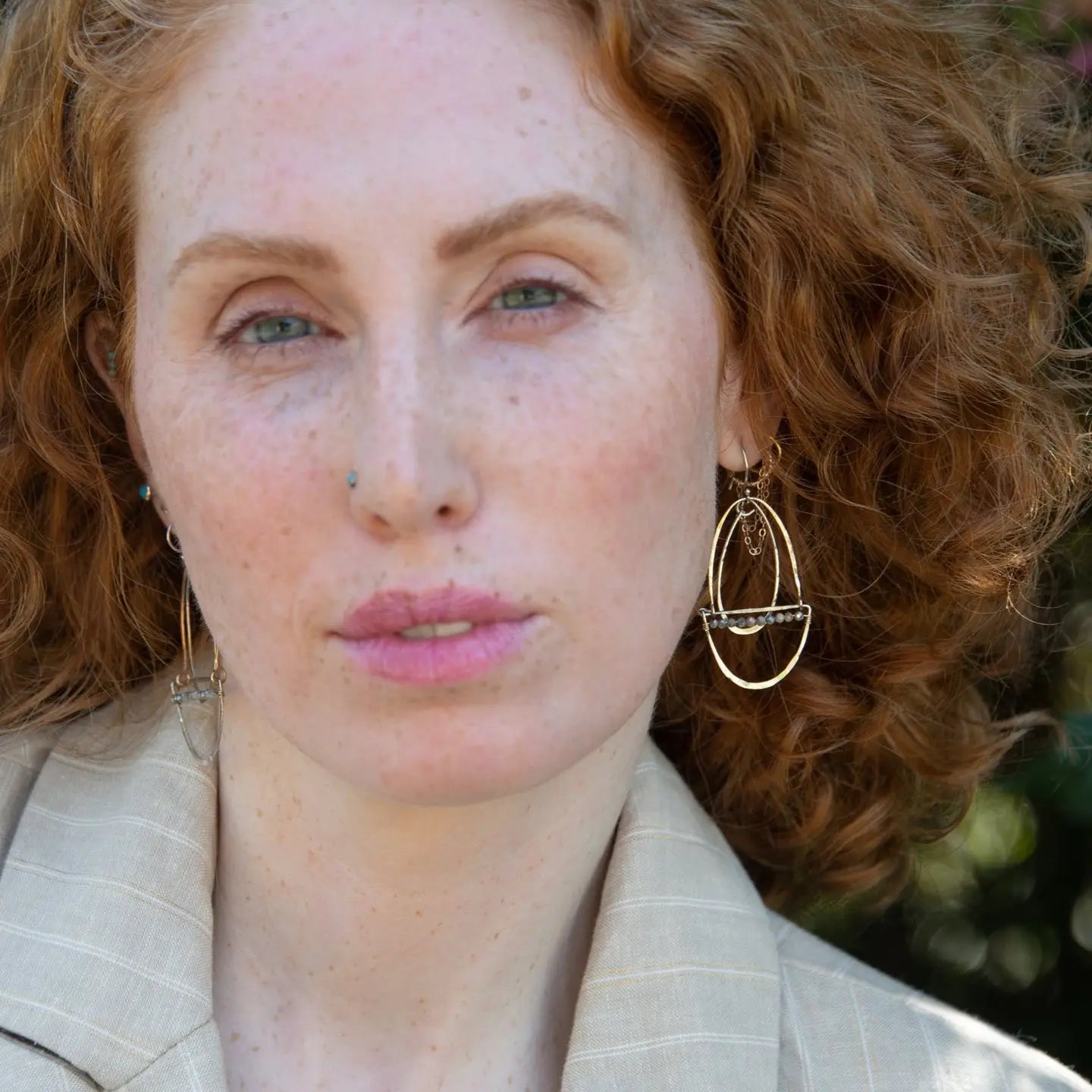 Silver and bronze mixed metal three part earrings with moonstone on gold filled wire