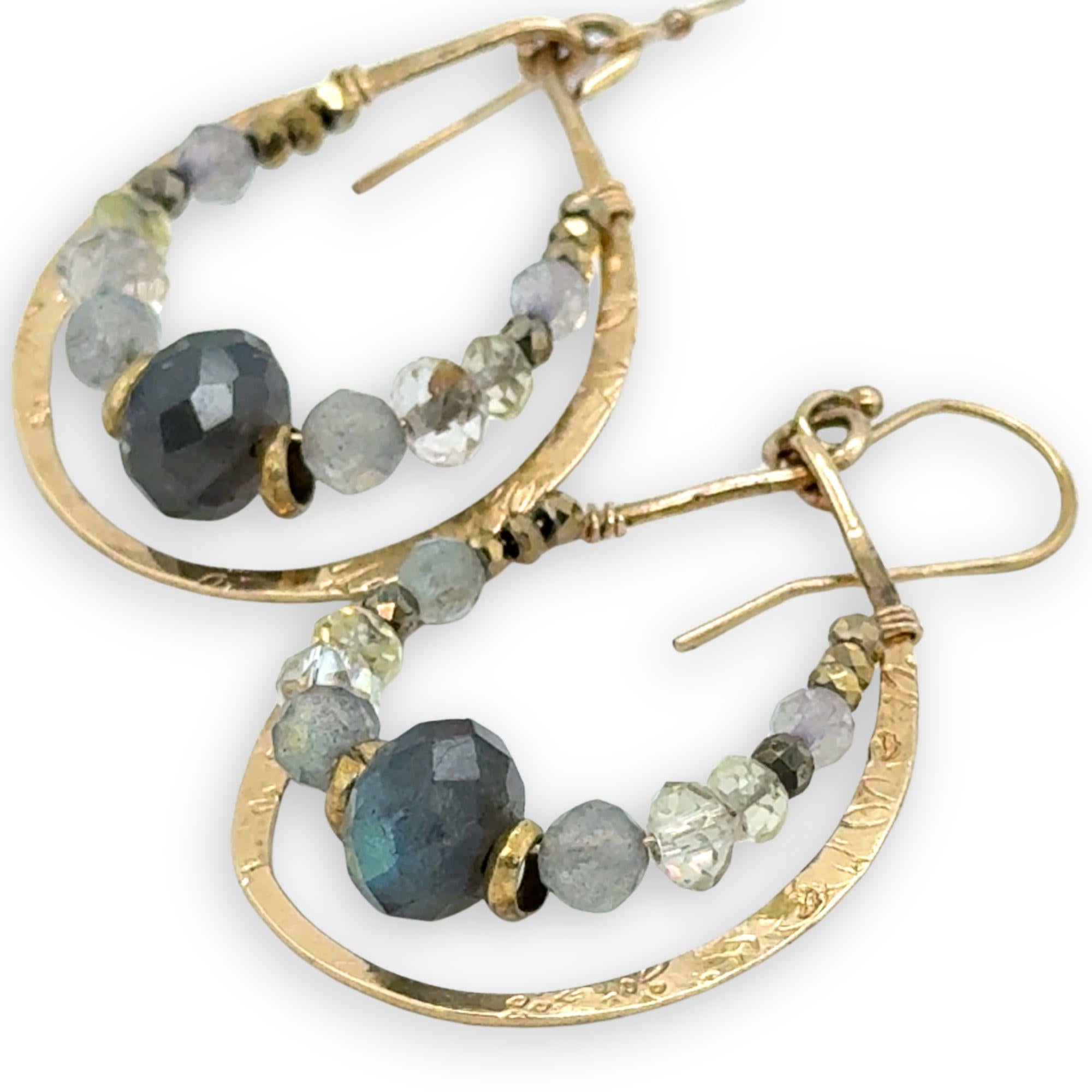 Brass stamped drop hoop earrings lined with flashy labradorite, pyrite, and rutilated quartz gemstones on gold filled wire