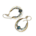 Brass stamped drop hoop earrings lined with flashy labradorite, pyrite, and rutilated quartz gemstones on gold filled wire