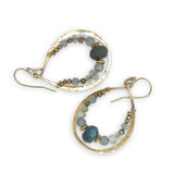 Brass stamped drop hoop earrings lined with flashy labradorite, pyrite, and rutilated quartz gemstones on gold filled wire