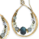 Brass stamped drop hoop earrings lined with flashy labradorite, pyrite, and rutilated quartz gemstones on gold filled wire