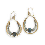 Brass stamped drop hoop earrings lined with flashy labradorite, pyrite, and rutilated quartz gemstones on gold filled wire