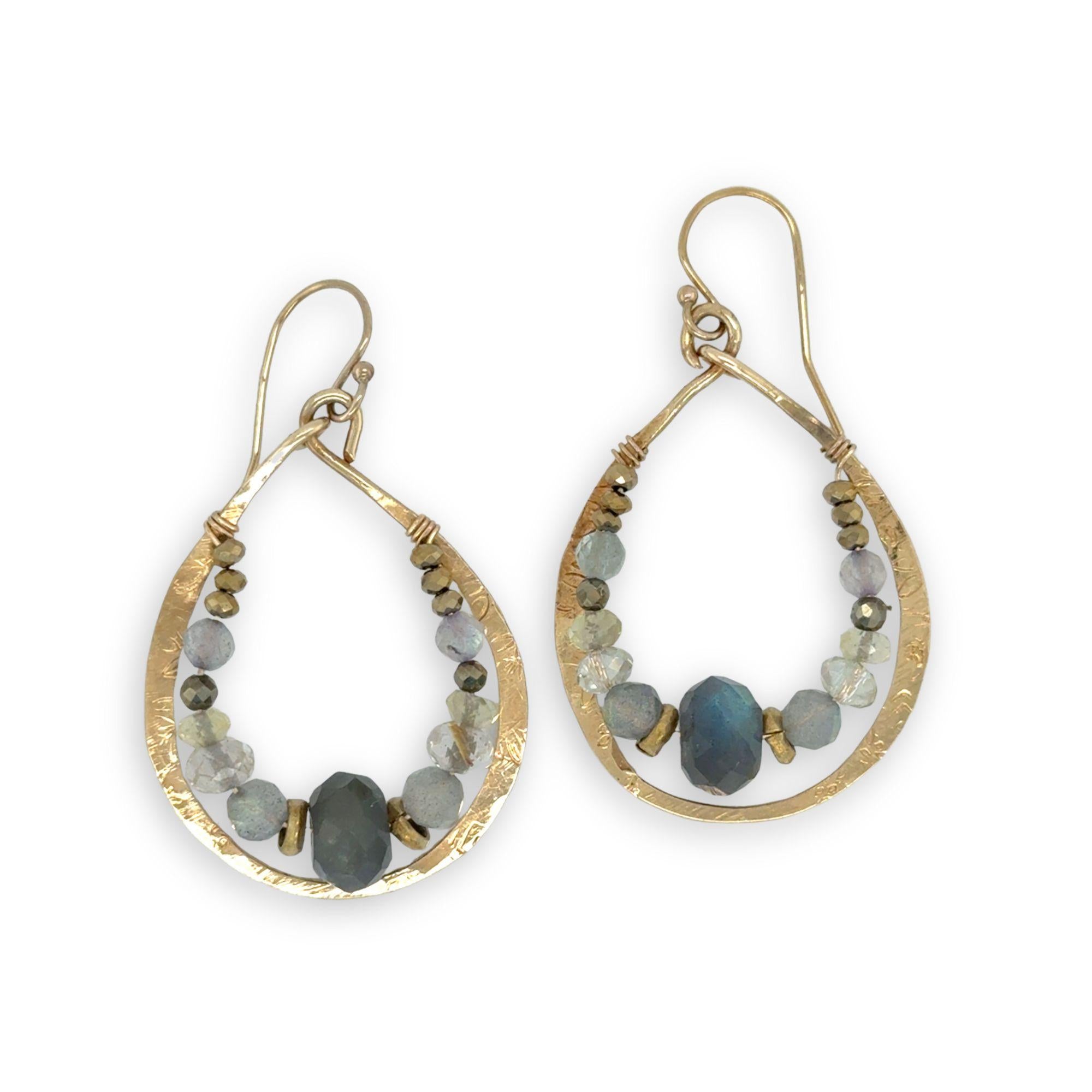 Brass stamped drop hoop earrings lined with flashy labradorite, pyrite, and rutilated quartz gemstones on gold filled wire