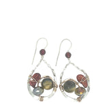 Sterling silver cup and chain earrings with cat's eye, red fresh water pearl, crystal, and garnet gemstones on gold fill wire