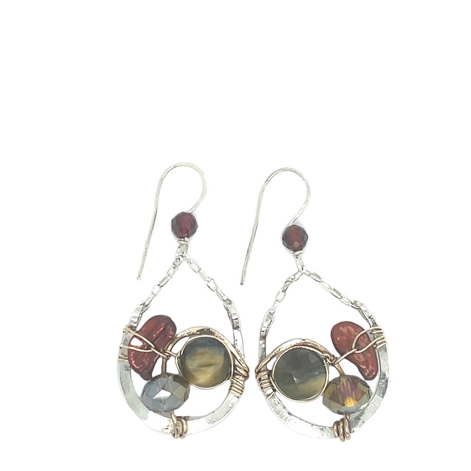 Sterling silver cup and chain earrings with cat's eye, red fresh water pearl, crystal, and garnet gemstones on gold fill wire