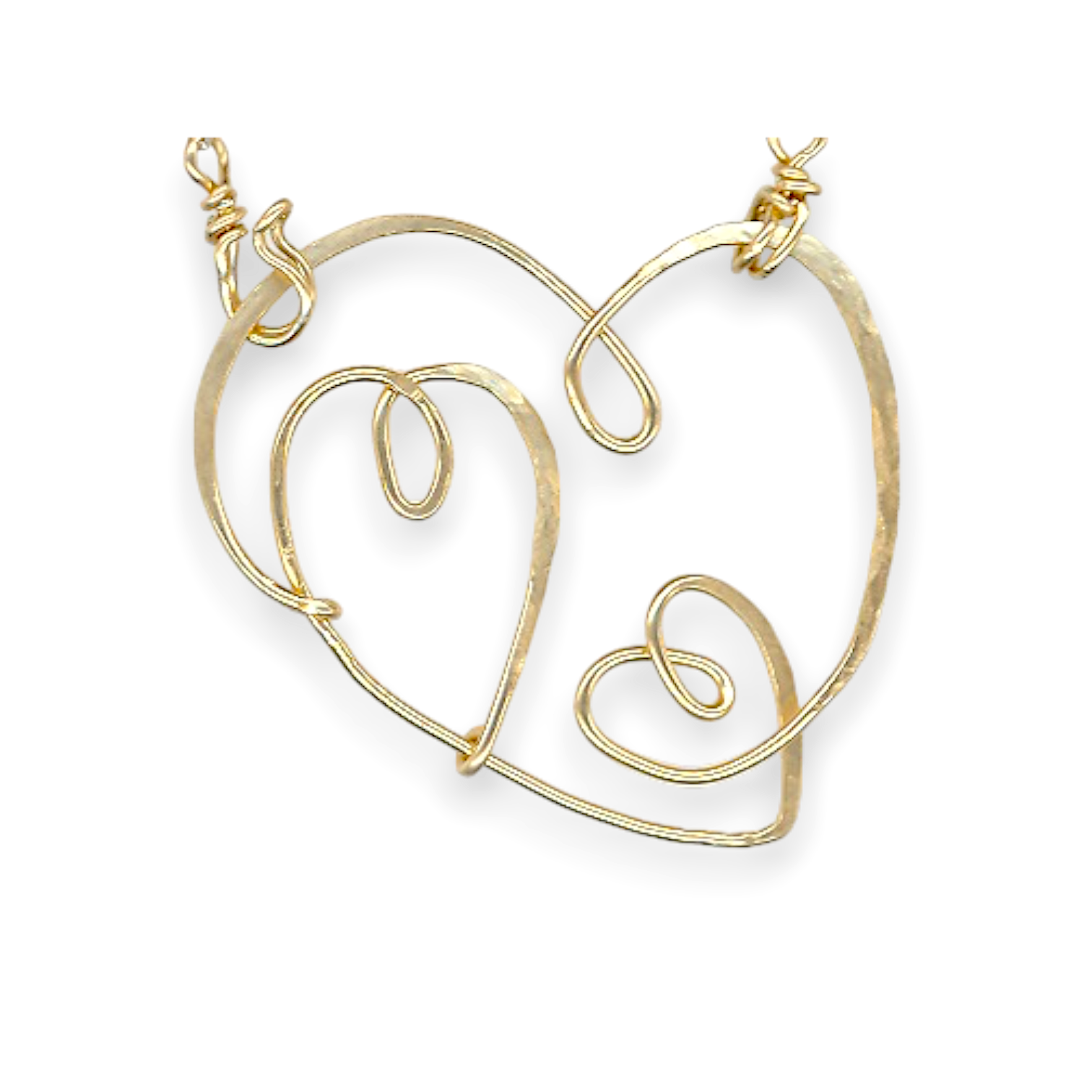 Handmade hammered gold filled heart pendant with two mini hearts built in on a sterling silver heart shaped delicate chain