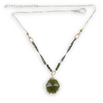 vesuvianite hexagon in gold filled and hammered sterling silver pendant on oxidized sterling silver handmade twisted bars and green cubic zirconia necklace 