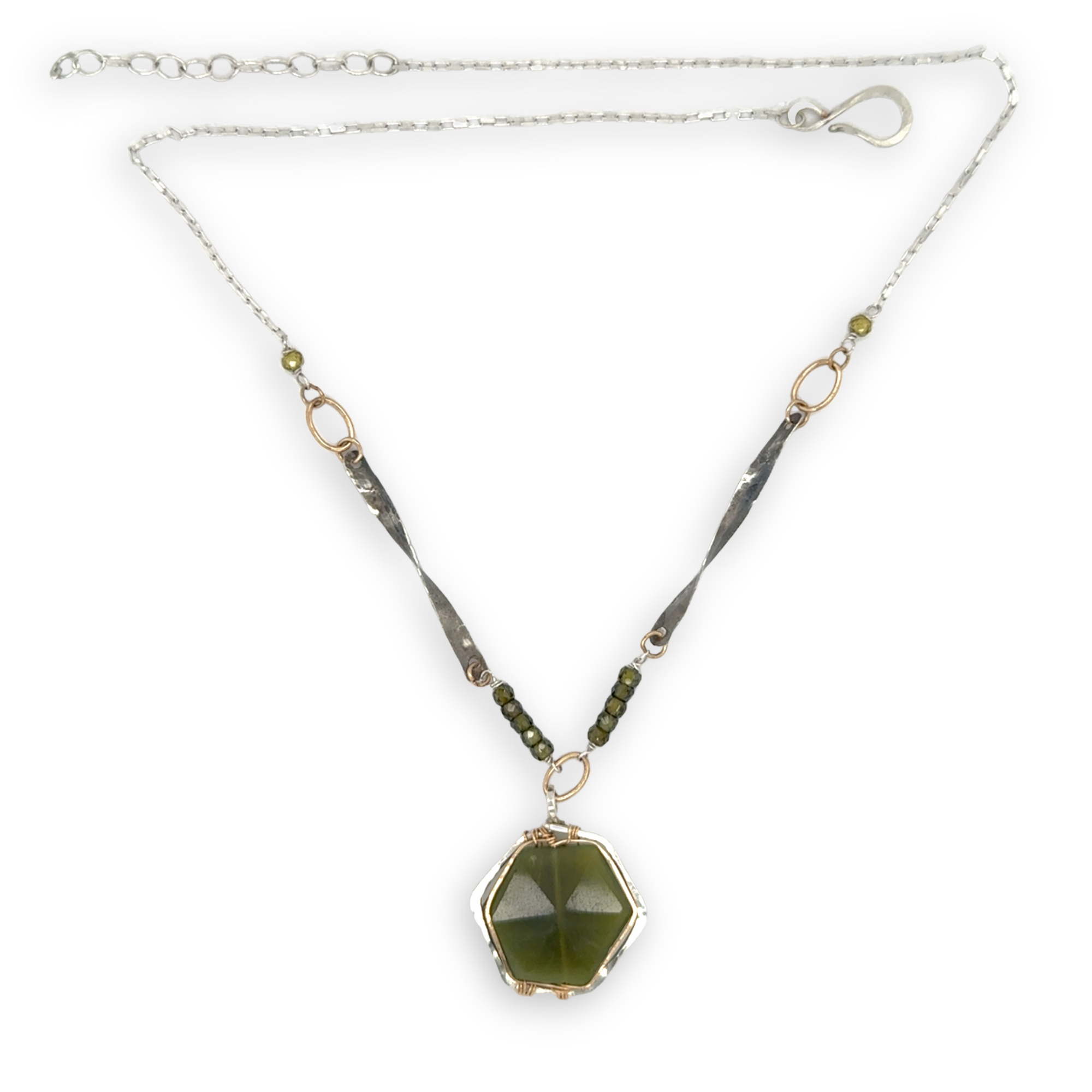 vesuvianite hexagon in gold filled and hammered sterling silver pendant on oxidized sterling silver handmade twisted bars and green cubic zirconia necklace 