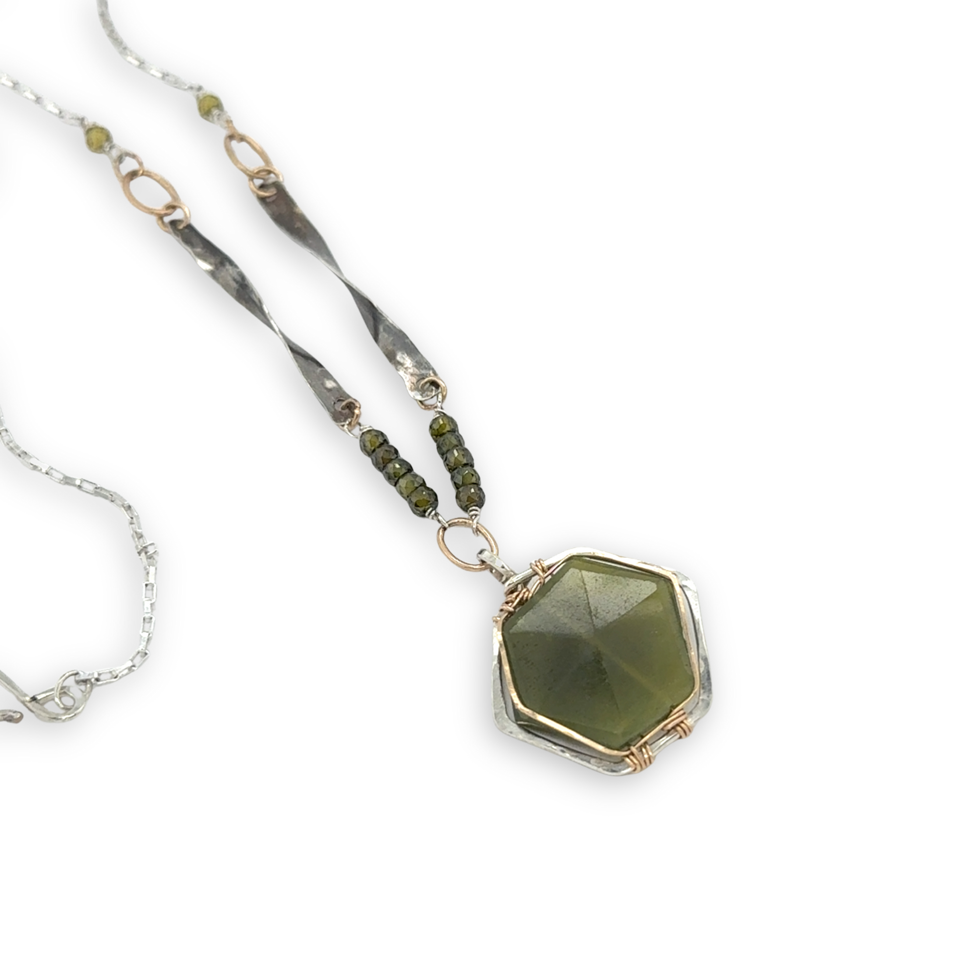 vesuvianite hexagon in gold filled and hammered sterling silver pendant on oxidized sterling silver handmade twisted bars and green cubic zirconia necklace 
