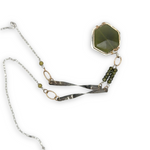 vesuvianite hexagon in gold filled and hammered sterling silver pendant on oxidized sterling silver handmade twisted bars and green cubic zirconia necklace 