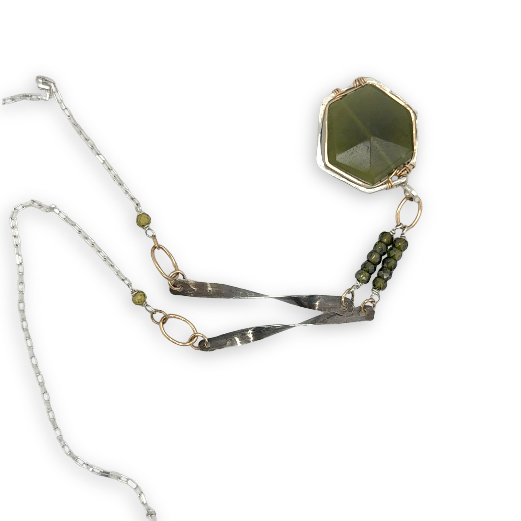 vesuvianite hexagon in gold filled and hammered sterling silver pendant on oxidized sterling silver handmade twisted bars and green cubic zirconia necklace 