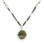 vesuvianite hexagon in gold filled and hammered sterling silver pendant on oxidized sterling silver handmade twisted bars and green cubic zirconia necklace 
