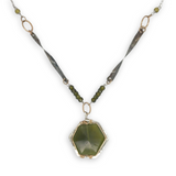 vesuvianite hexagon in gold filled and hammered sterling silver pendant on oxidized sterling silver handmade twisted bars and green cubic zirconia necklace 