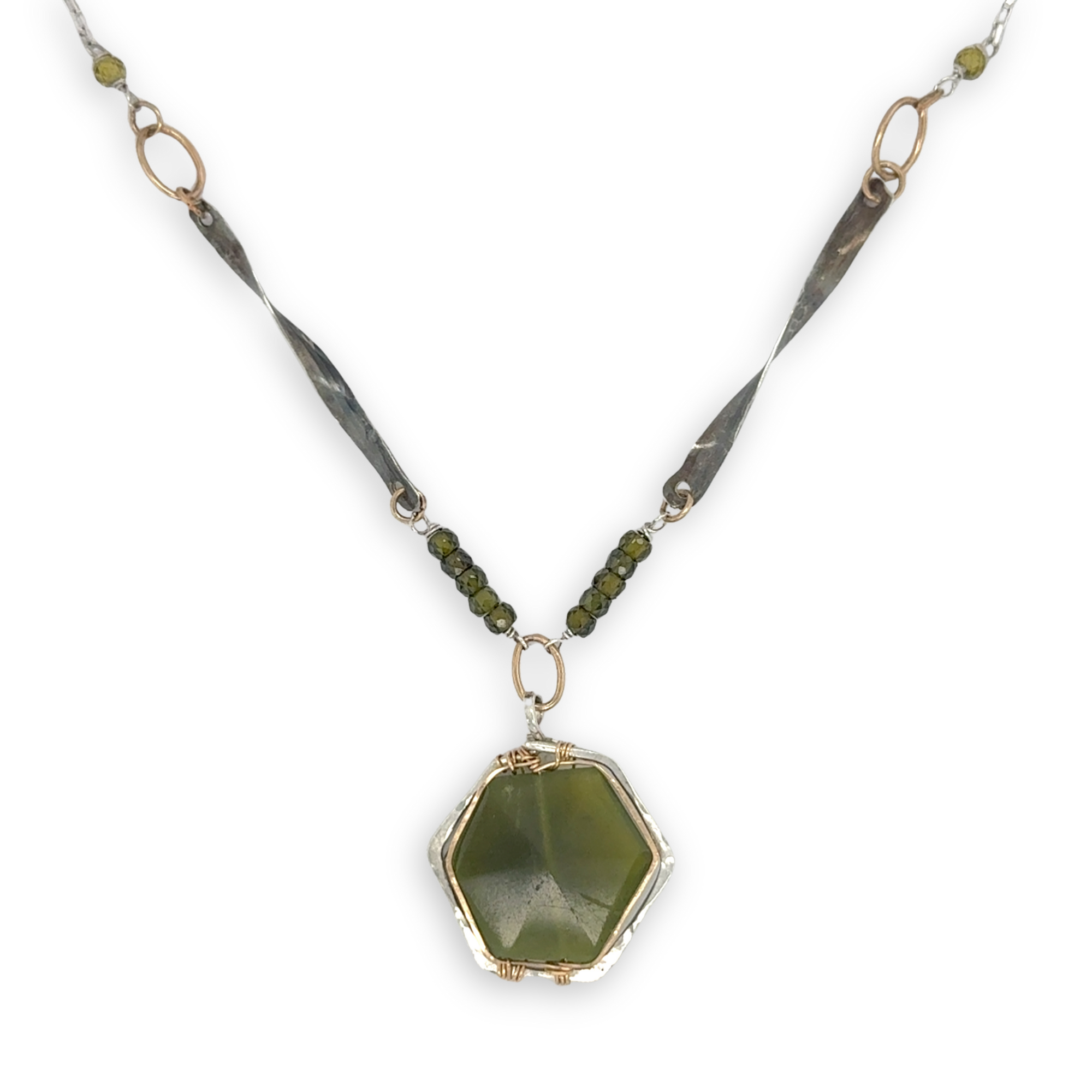 vesuvianite hexagon in gold filled and hammered sterling silver pendant on oxidized sterling silver handmade twisted bars and green cubic zirconia necklace 