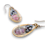 Pair of brass mini earrings with magenta crystal and fresh water pearl wrapped in sterling silver wire